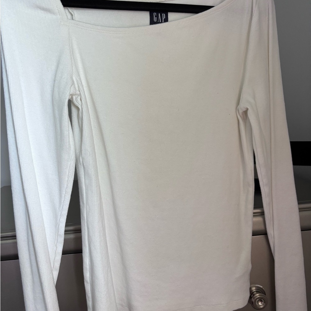 GAP White Ribbed Long-Sleeve Boatneck Top
